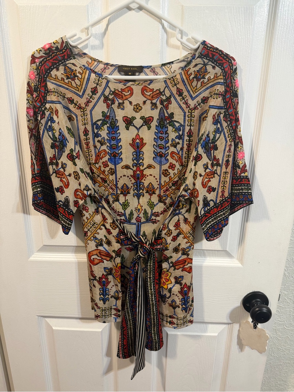 Boho Tie-Front Floral Paisley Blouse - Cream Multicolor